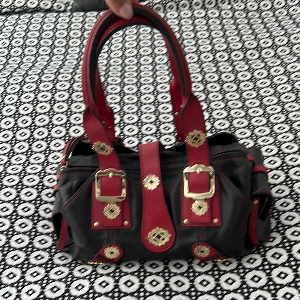 Black and Red Leather Handbag with Gold Accents